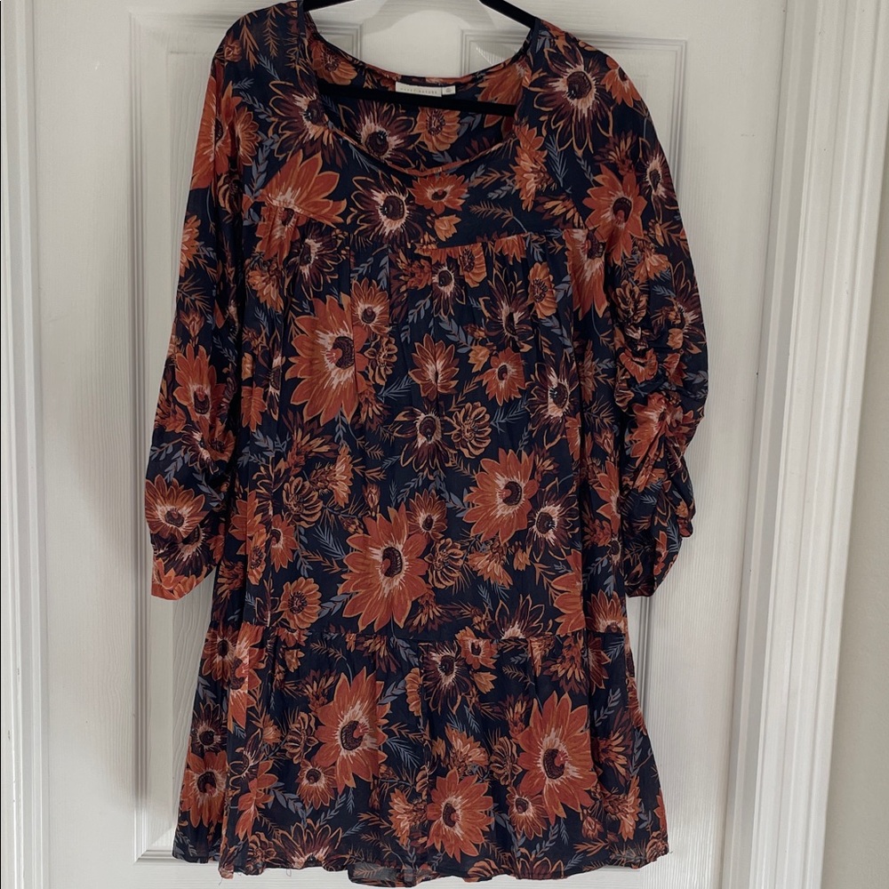 Happy x Nature Floral Long Sleeve Dress in Black and Browns with Pockets